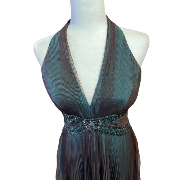 Badgley Mischka Halter Beaded Embroidery Pleated Tulle Silk Formal Dress-Size 10 - Picture 2 of 16